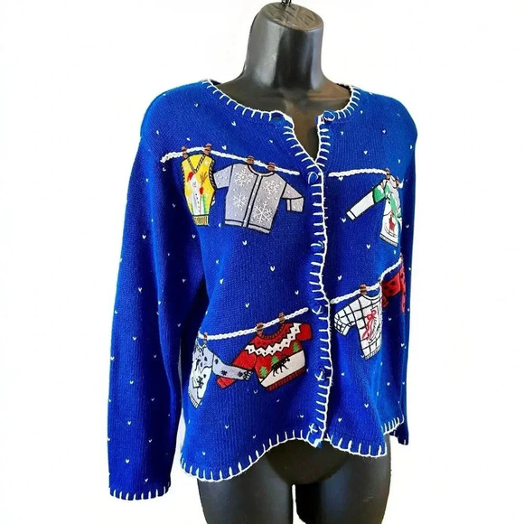 DESIGNERS ORIGINALS vintage Christmas cardigan Ugly Sweater Blue Size Small Knit - Picture 1 of 13